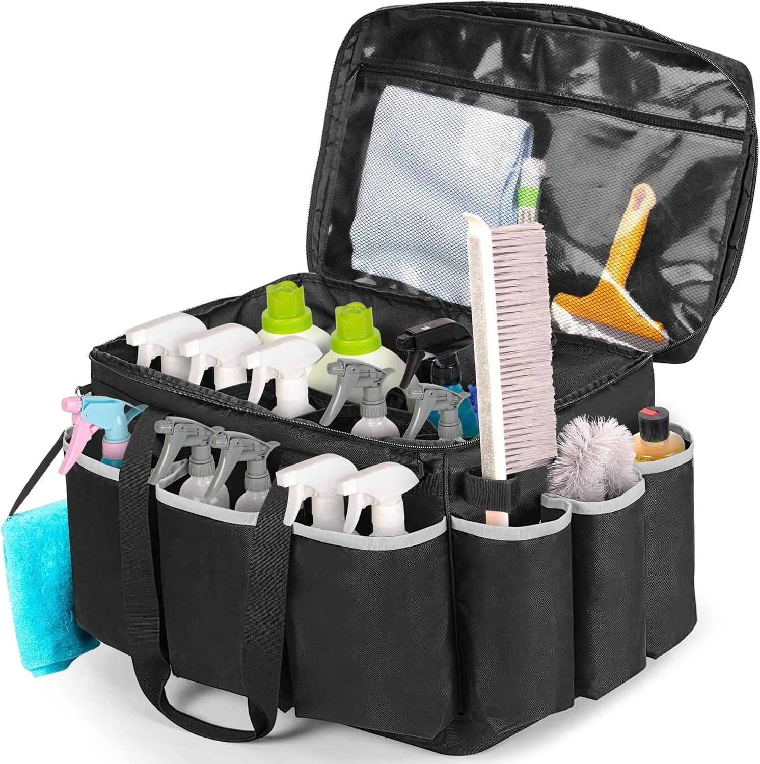 Extra-Large Cleaning Caddy with EVA Hard Bottom, High Capacity Cleaning Supplies Organizer for Housekeeping & Home Work, Car Detailing Tools Tote Bag with Shoulder Strap, Patent Design