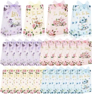 EYNDYN 24 Pcs Tea Party Gift Bags Floral Teapot Goodie Treat Bag with Ribbon Fairy Party Candy Bags Decorations for Girls Women Wedding Birthday Party Baby Shower Forest Party Favors Supplies