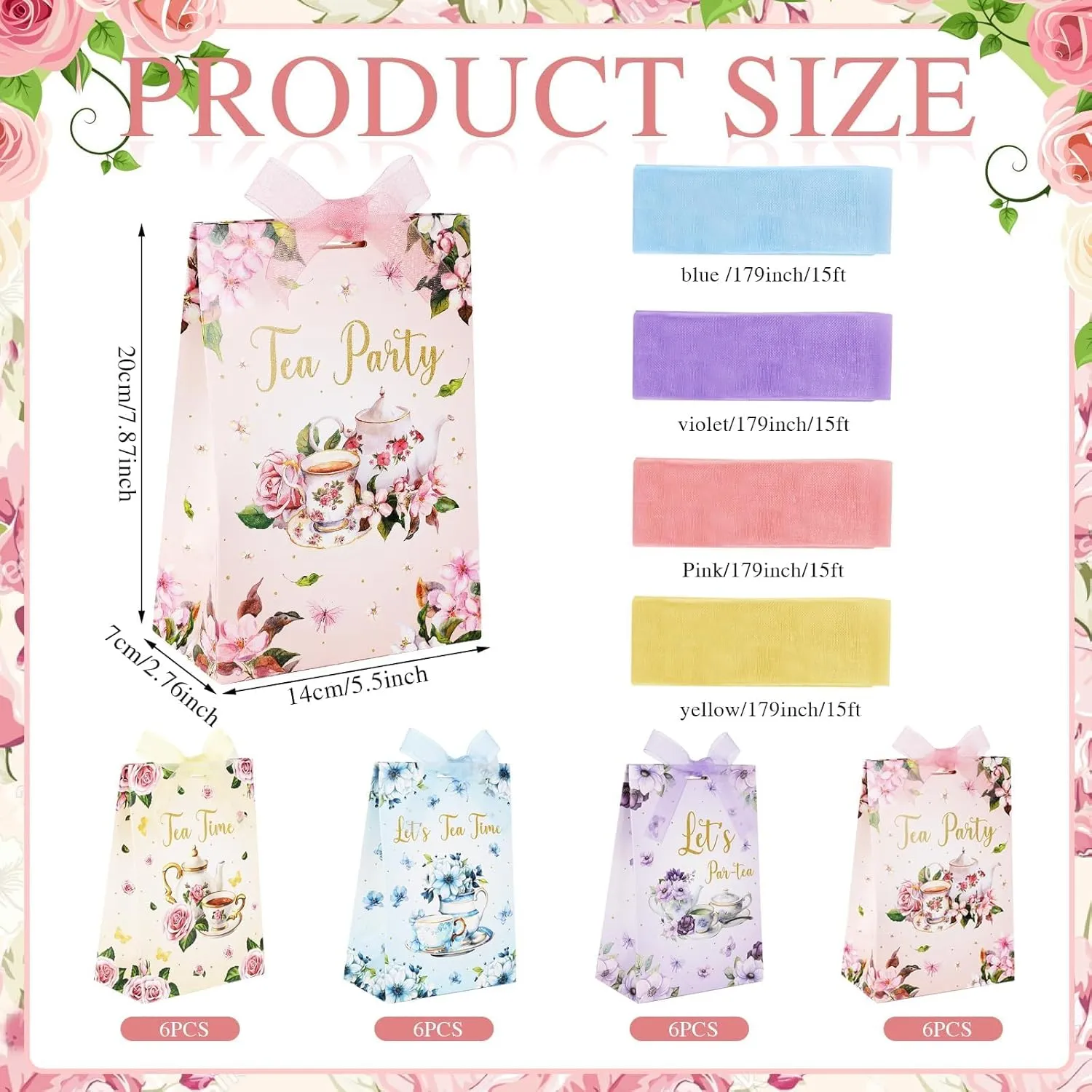 EYNDYN 24 Pcs Tea Party Gift Bags Floral Teapot Goodie Treat Bag with Ribbon Fairy Party Candy Bags Decorations for Girls Women Wedding Birthday Party Baby Shower Forest Party Favors Supplies