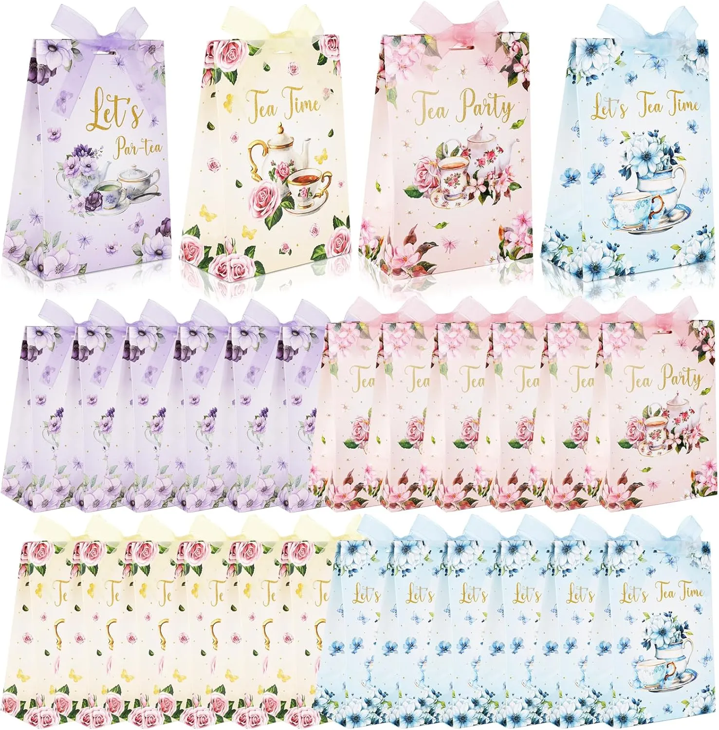 EYNDYN 24 Pcs Tea Party Gift Bags Floral Teapot Goodie Treat Bag with Ribbon Fairy Party Candy Bags Decorations for Girls Women Wedding Birthday Party Baby Shower Forest Party Favors Supplies