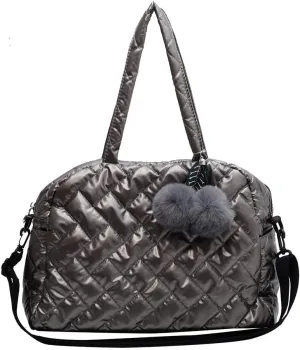 Fashion Quilted Shoulder Bag Large Capacity Quilted Handbag Pompom Pendant Cotton Messenger Pouch Nylon Crossbody