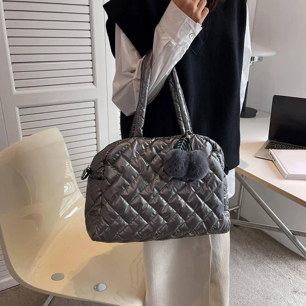 Fashion Quilted Shoulder Bag Large Capacity Quilted Handbag Pompom Pendant Cotton Messenger Pouch Nylon Crossbody