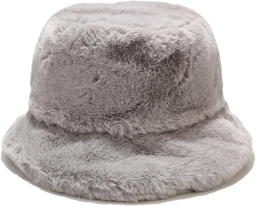 Faux Fur Bucket Hat Fluffy Fuzzy Warm Hats Plush Fisherman Cap Winter Fedora Hats for Women