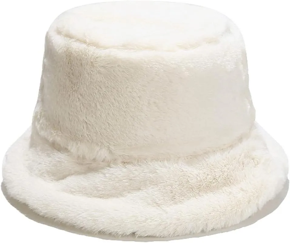 Faux Fur Bucket Hat Fluffy Fuzzy Warm Hats Plush Fisherman Cap Winter Fedora Hats for Women