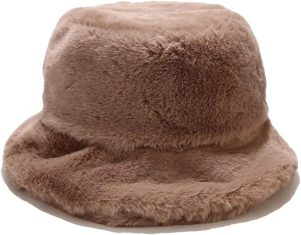 Faux Fur Bucket Hat Fluffy Fuzzy Warm Hats Plush Fisherman Cap Winter Fedora Hats for Women