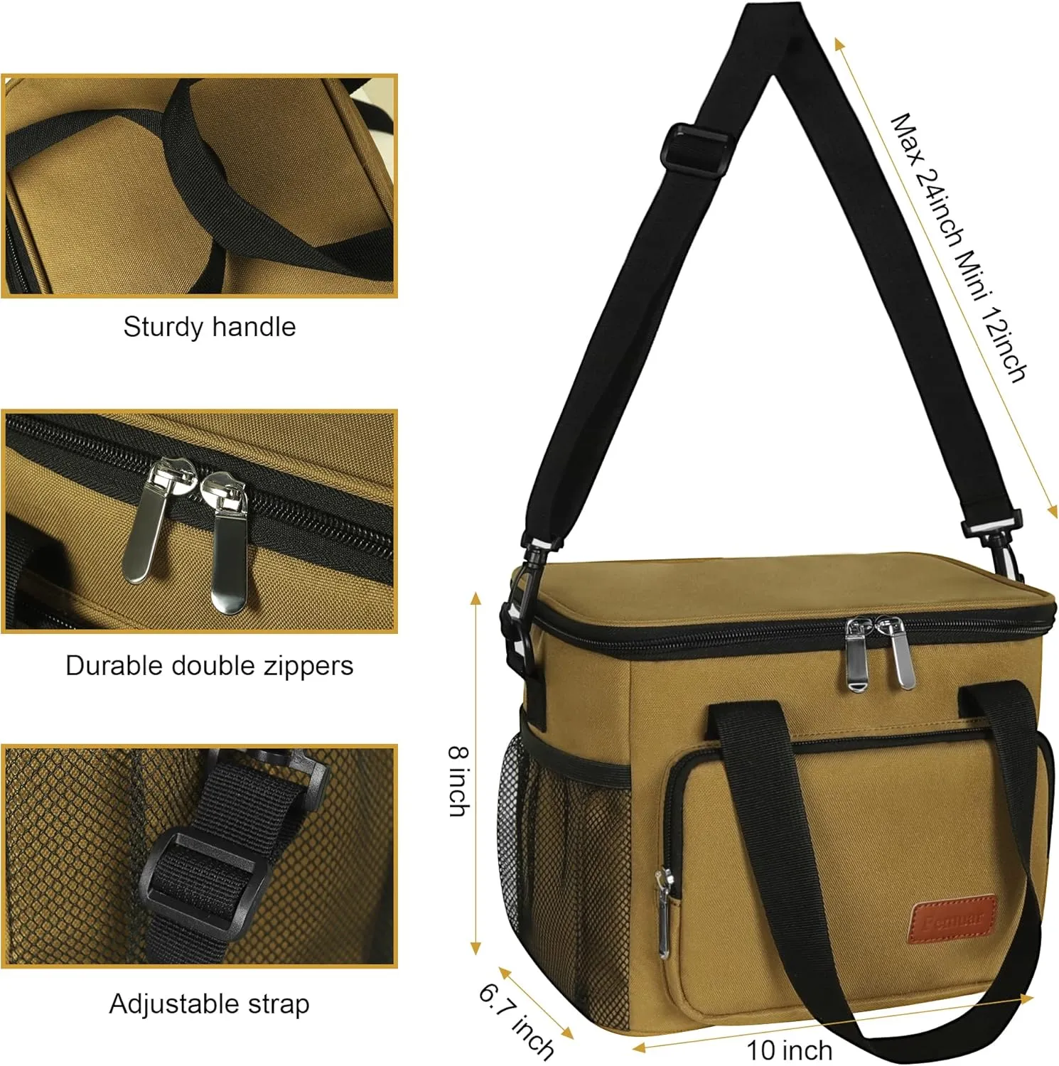 Femuar Lunch Bags for Women/Men, Insulated Lunch Bag for Work Office Picnic - Lunch Cooler Bag Leakproof Lunch Box with Adjustable Shoulder Strap - Khaki