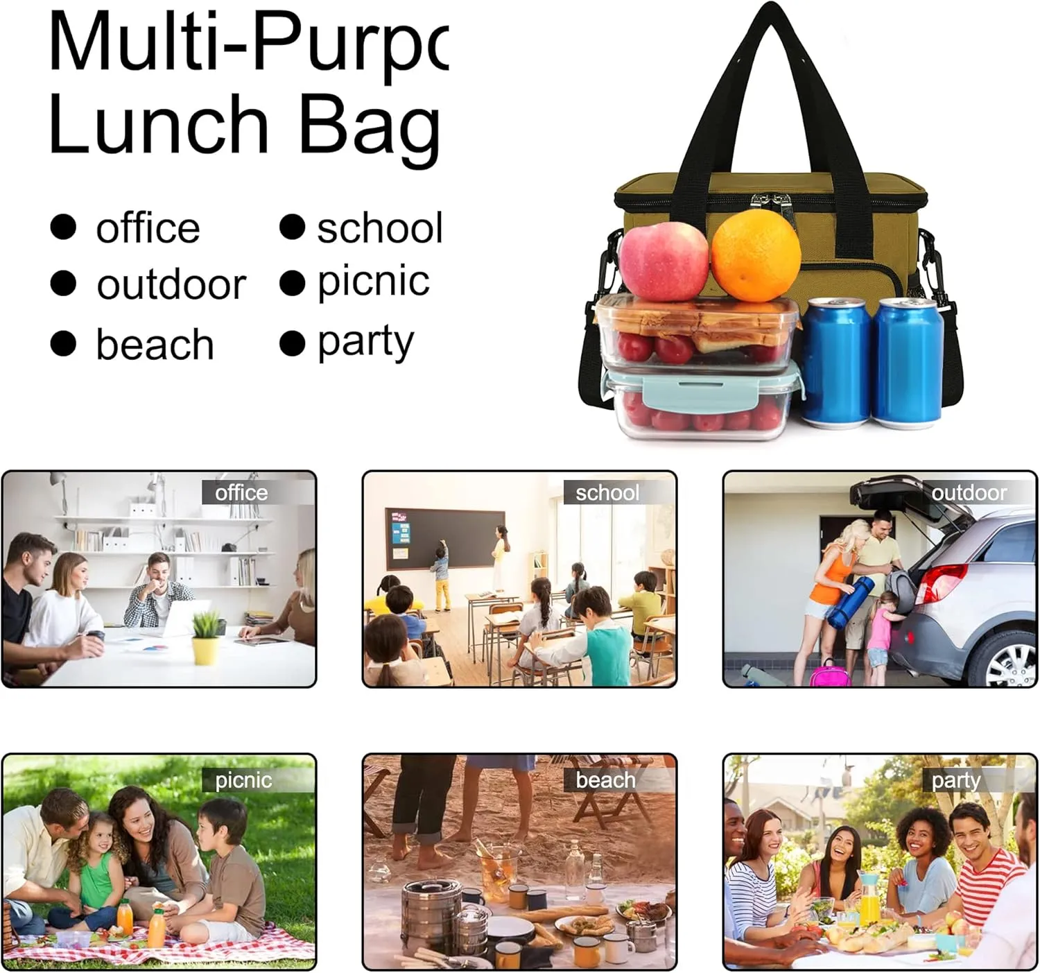 Femuar Lunch Bags for Women/Men, Insulated Lunch Bag for Work Office Picnic - Lunch Cooler Bag Leakproof Lunch Box with Adjustable Shoulder Strap - Khaki