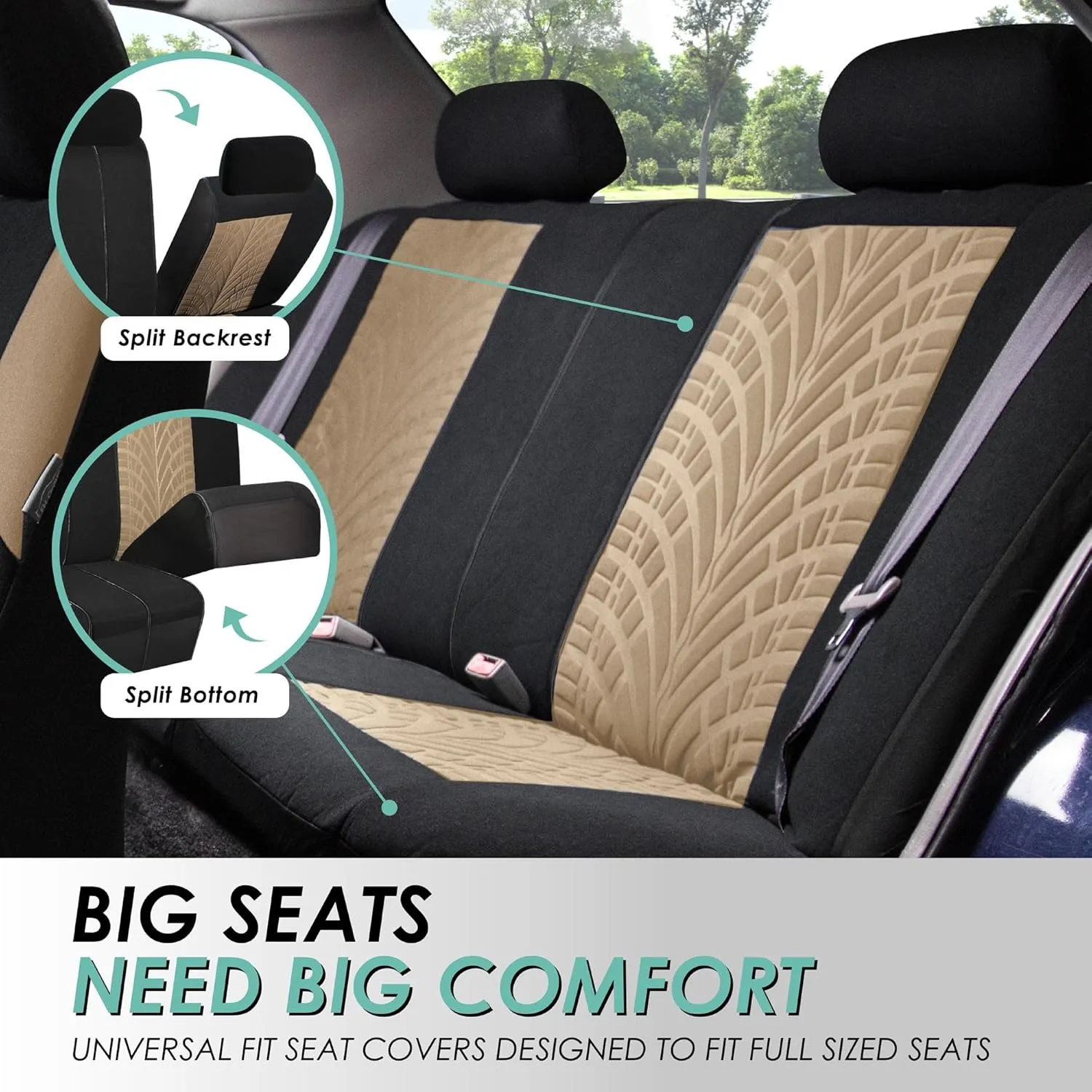 FFH Group Three Row Set 7 Seater Beige Travel Master Car Seat Covers, Airbag and Split Rear Car Seat Cover Universal Fit Interior Accessories for Cars Trucks SUV, Automotive Seat Covers