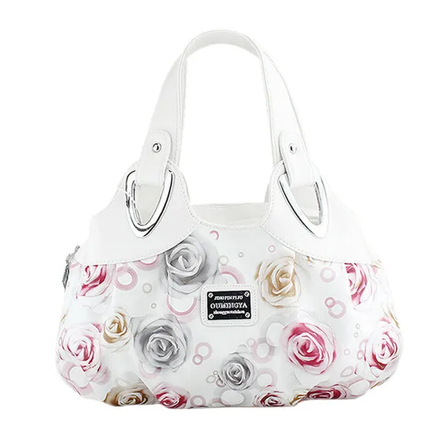 FGGS-Fashion handbag Women PU leather Bag Tote Bag Printing Handbags Satchel -Dream safflower   white Handstrap