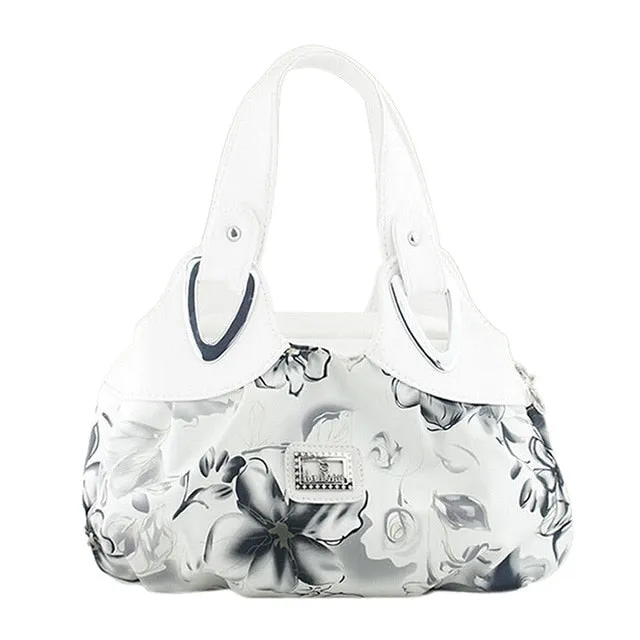 FGGS-Fashion handbag Women PU leather Bag Tote Bag Printing Handbags Satchel -Dream safflower   white Handstrap