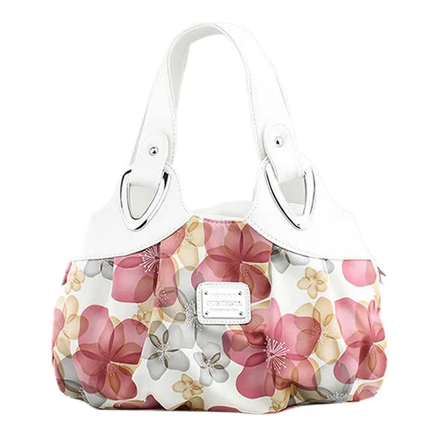 FGGS-Fashion handbag Women PU leather Bag Tote Bag Printing Handbags Satchel -Dream safflower   white Handstrap