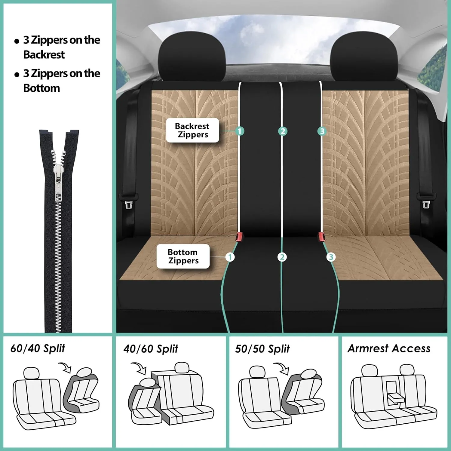FH Group Automotive Seat Covers Travel Master Airbag and Split Rear Combo Small Car Seat Cover Design Beige Full Set Car Seat Covers Universal Fit Interior Accessories for Cars Vans Trucks and SUV