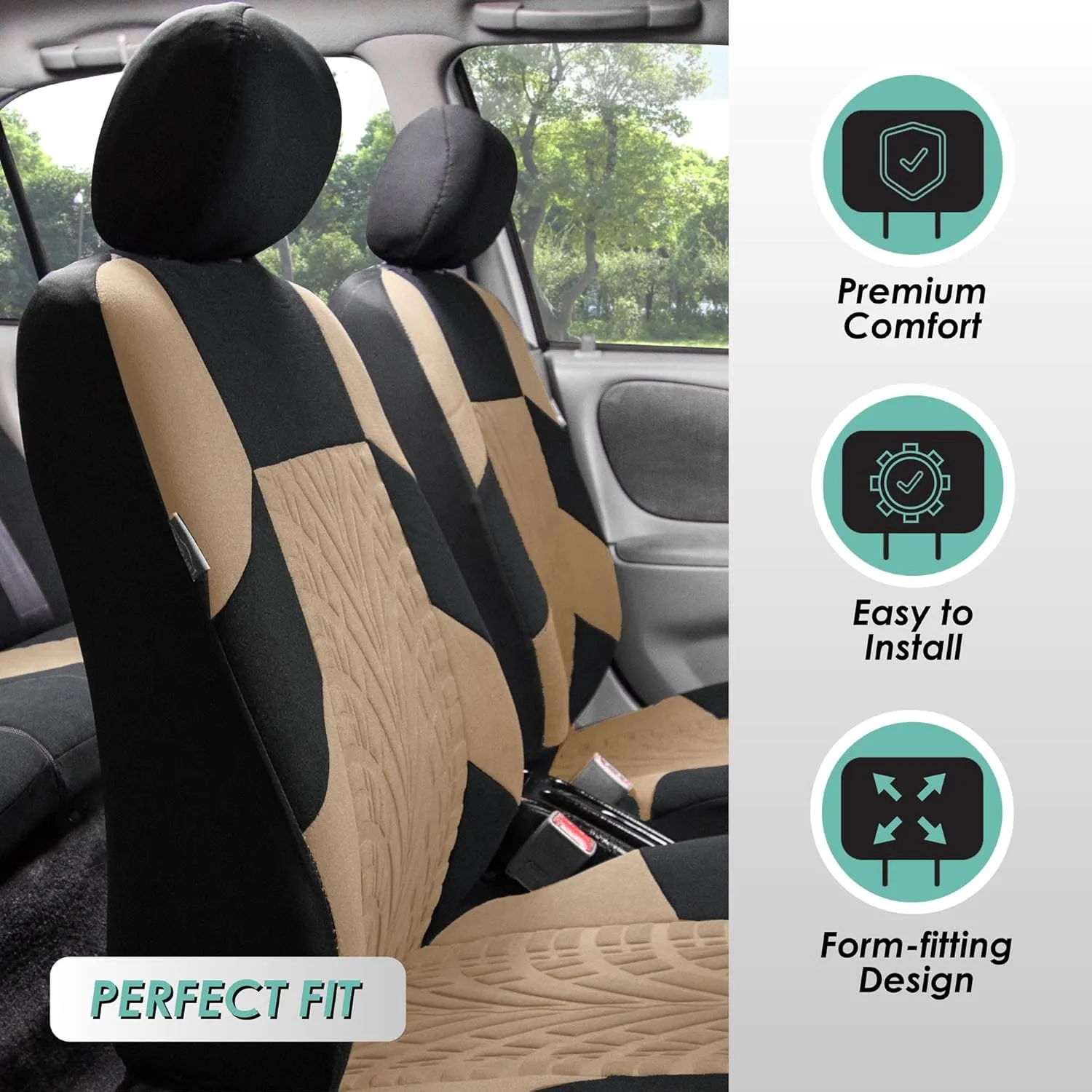 FH Group Automotive Seat Covers Travel Master Airbag and Split Rear Combo Small Car Seat Cover Design Beige Full Set Car Seat Covers Universal Fit Interior Accessories for Cars Vans Trucks and SUV