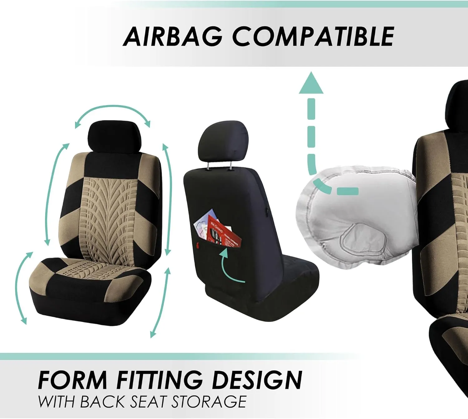 FH Group Automotive Seat Covers Travel Master Airbag and Split Rear Combo Small Car Seat Cover Design Beige Full Set Car Seat Covers Universal Fit Interior Accessories for Cars Vans Trucks and SUV