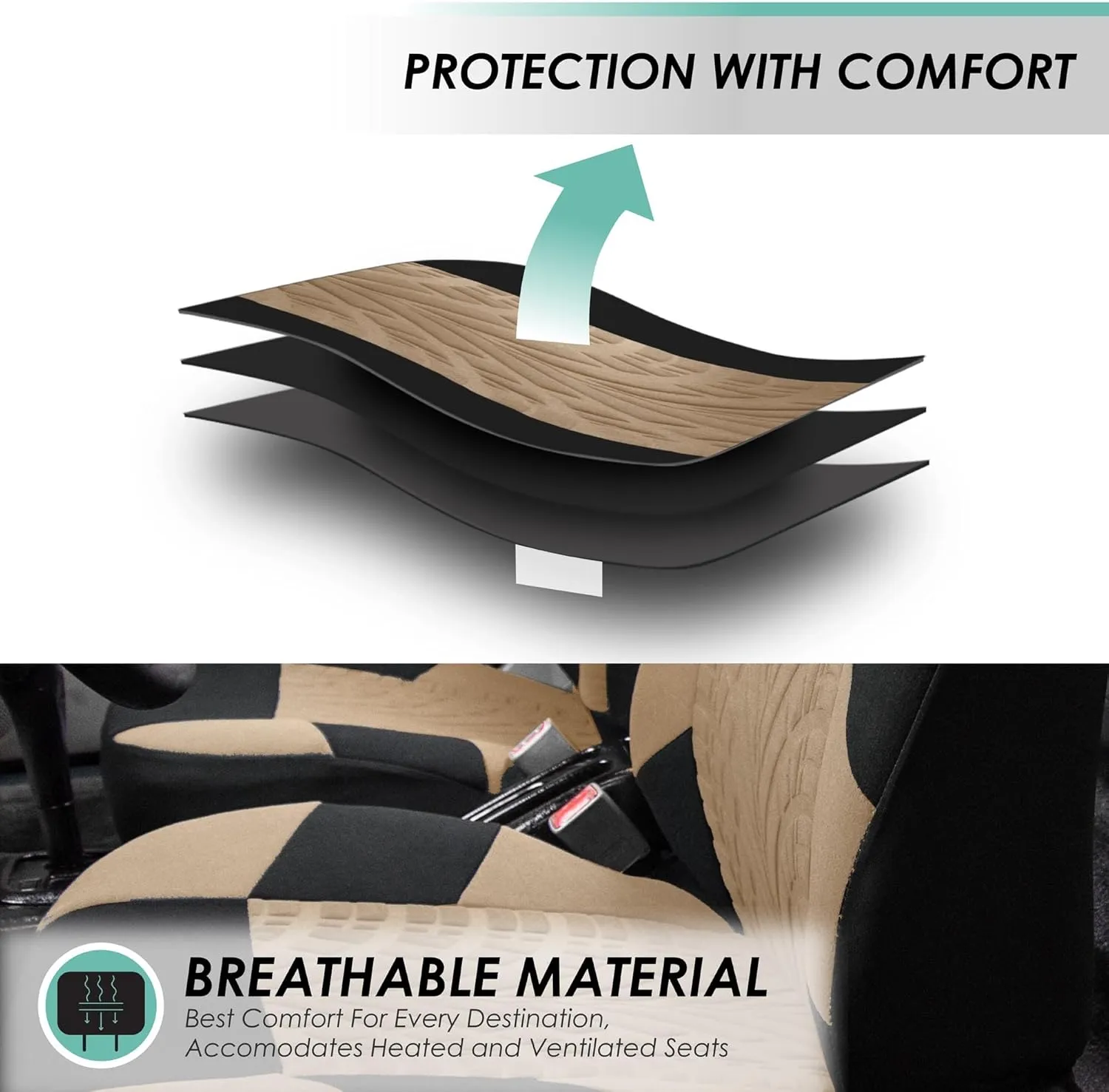 FH Group Automotive Seat Covers Travel Master Airbag and Split Rear Combo Small Car Seat Cover Design Beige Full Set Car Seat Covers Universal Fit Interior Accessories for Cars Vans Trucks and SUV