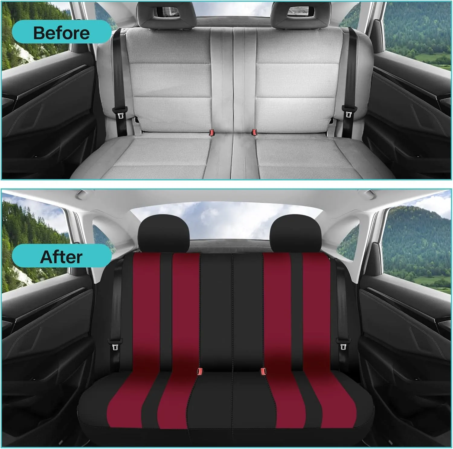 FH Group Car Seat Cover Full Set Striking Striped Burgundy Black Car Seat Covers with Front Seat Covers and Rear Split Bench Car Seat Cover Universal Fit Interior Accessories for Cars Trucks and SUVs