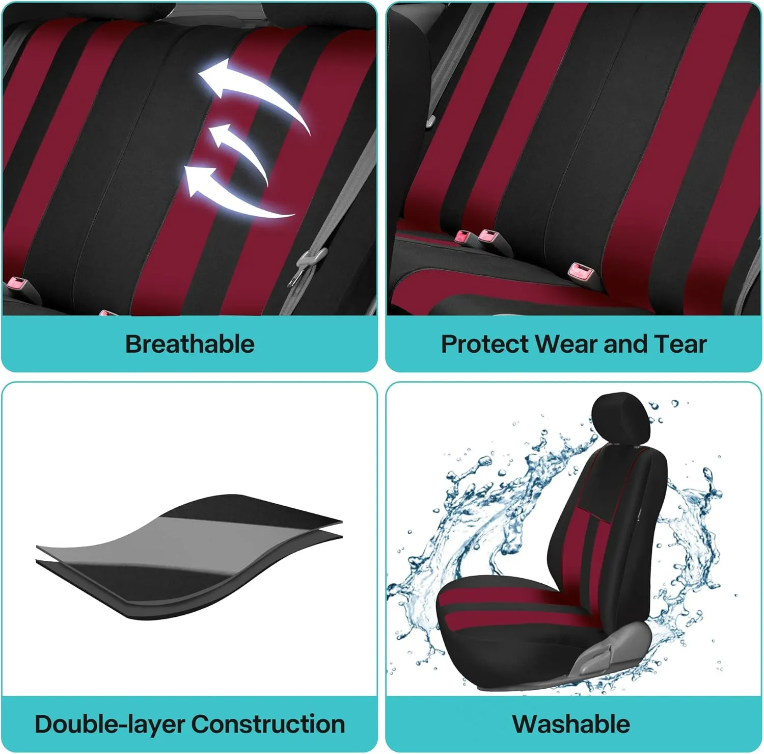 FH Group Car Seat Cover Full Set Striking Striped Burgundy Black Car Seat Covers with Front Seat Covers and Rear Split Bench Car Seat Cover Universal Fit Interior Accessories for Cars Trucks and SUVs