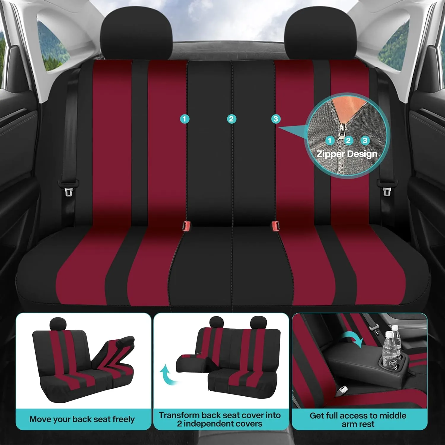 FH Group Car Seat Cover Full Set Striking Striped Burgundy Black Car Seat Covers with Front Seat Covers and Rear Split Bench Car Seat Cover Universal Fit Interior Accessories for Cars Trucks and SUVs