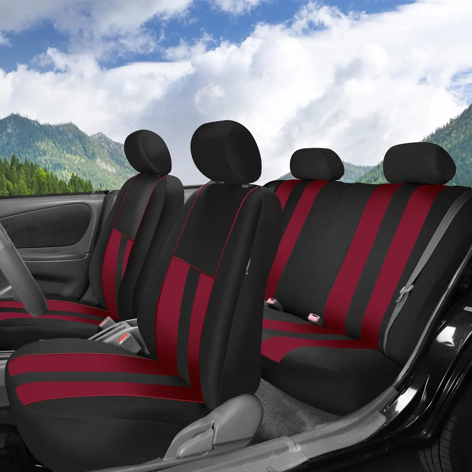 FH Group Car Seat Cover Full Set Striking Striped Burgundy Black Car Seat Covers with Front Seat Covers and Rear Split Bench Car Seat Cover Universal Fit Interior Accessories for Cars Trucks and SUVs