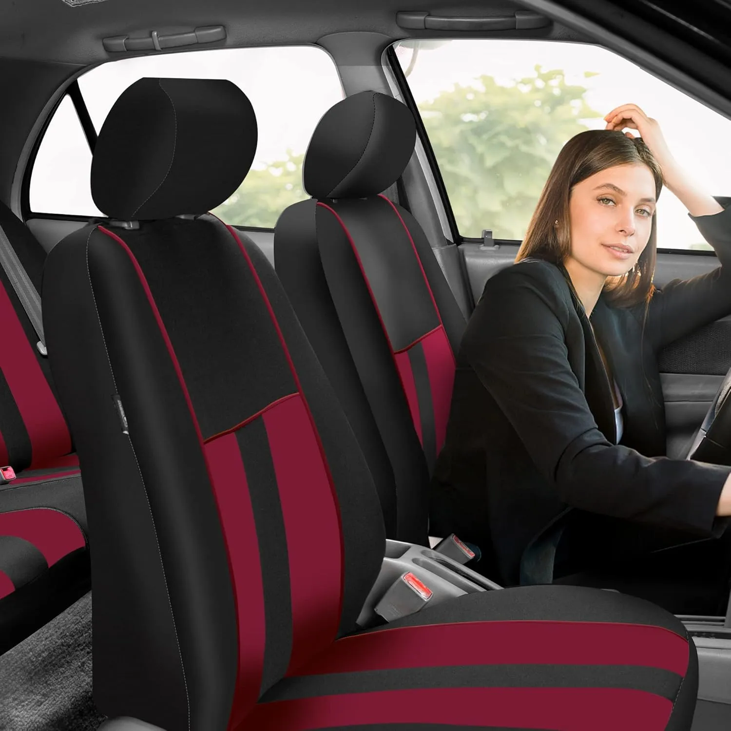 FH Group Car Seat Cover Full Set Striking Striped Burgundy Black Car Seat Covers with Front Seat Covers and Rear Split Bench Car Seat Cover Universal Fit Interior Accessories for Cars Trucks and SUVs