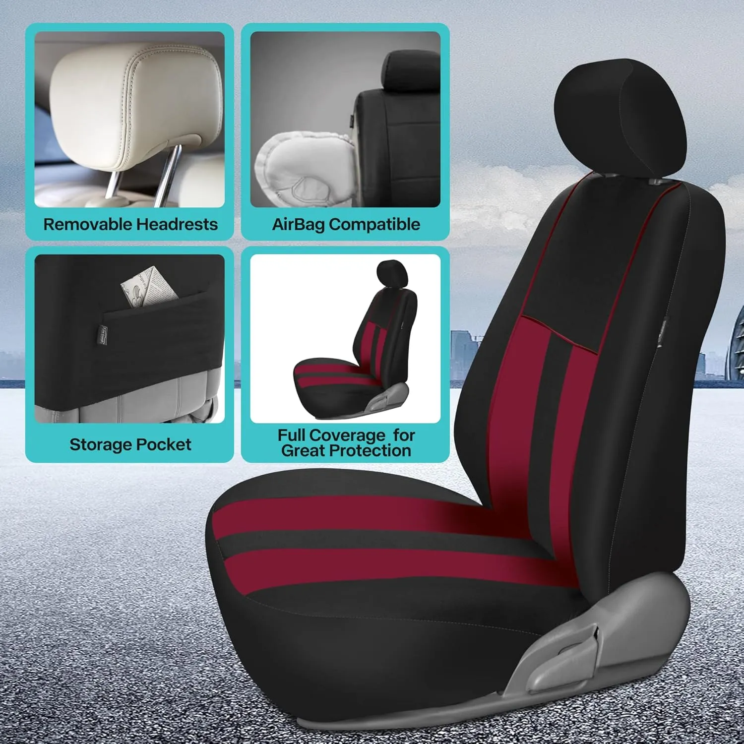 FH Group Car Seat Cover Full Set Striking Striped Burgundy Black Car Seat Covers with Front Seat Covers and Rear Split Bench Car Seat Cover Universal Fit Interior Accessories for Cars Trucks and SUVs