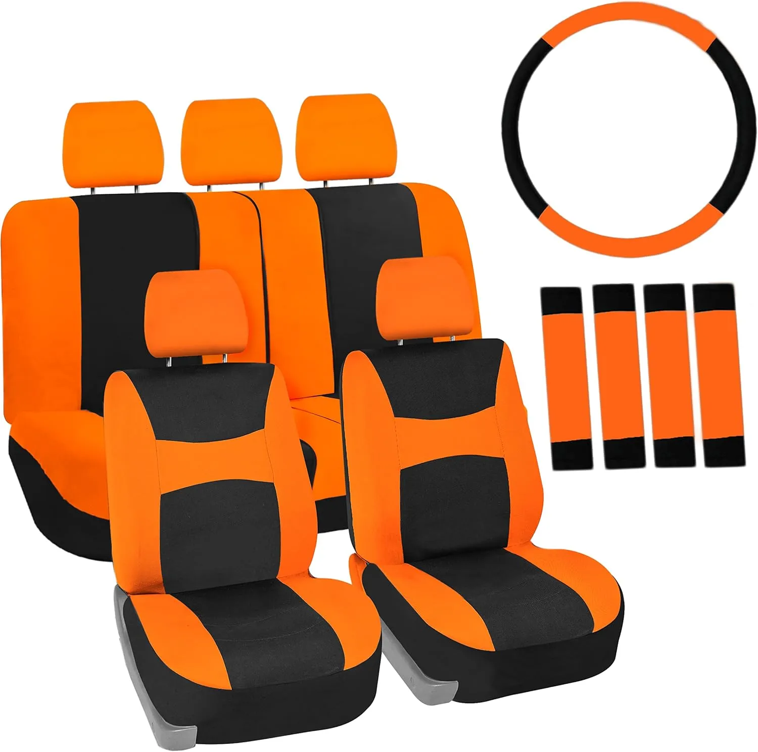 FH Group Car Seat Cover Light Breezy Automotive Seat Covers Flat Foam Padding Cloth Full Set Orange Seat Covers, Airbag and Split Rear Universal Fit Interior Accessories for Cars Trucks and SUV