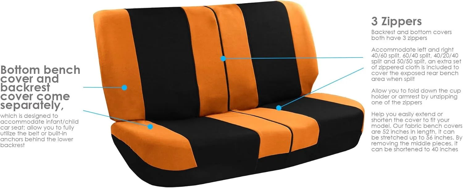 FH Group Car Seat Cover Light Breezy Automotive Seat Covers Flat Foam Padding Cloth Full Set Orange Seat Covers, Airbag and Split Rear Universal Fit Interior Accessories for Cars Trucks and SUV