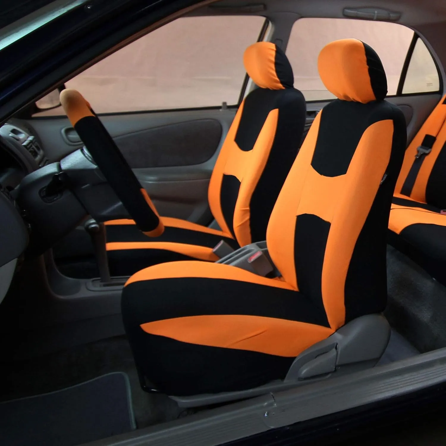 FH Group Car Seat Cover Light Breezy Automotive Seat Covers Flat Foam Padding Cloth Full Set Orange Seat Covers, Airbag and Split Rear Universal Fit Interior Accessories for Cars Trucks and SUV