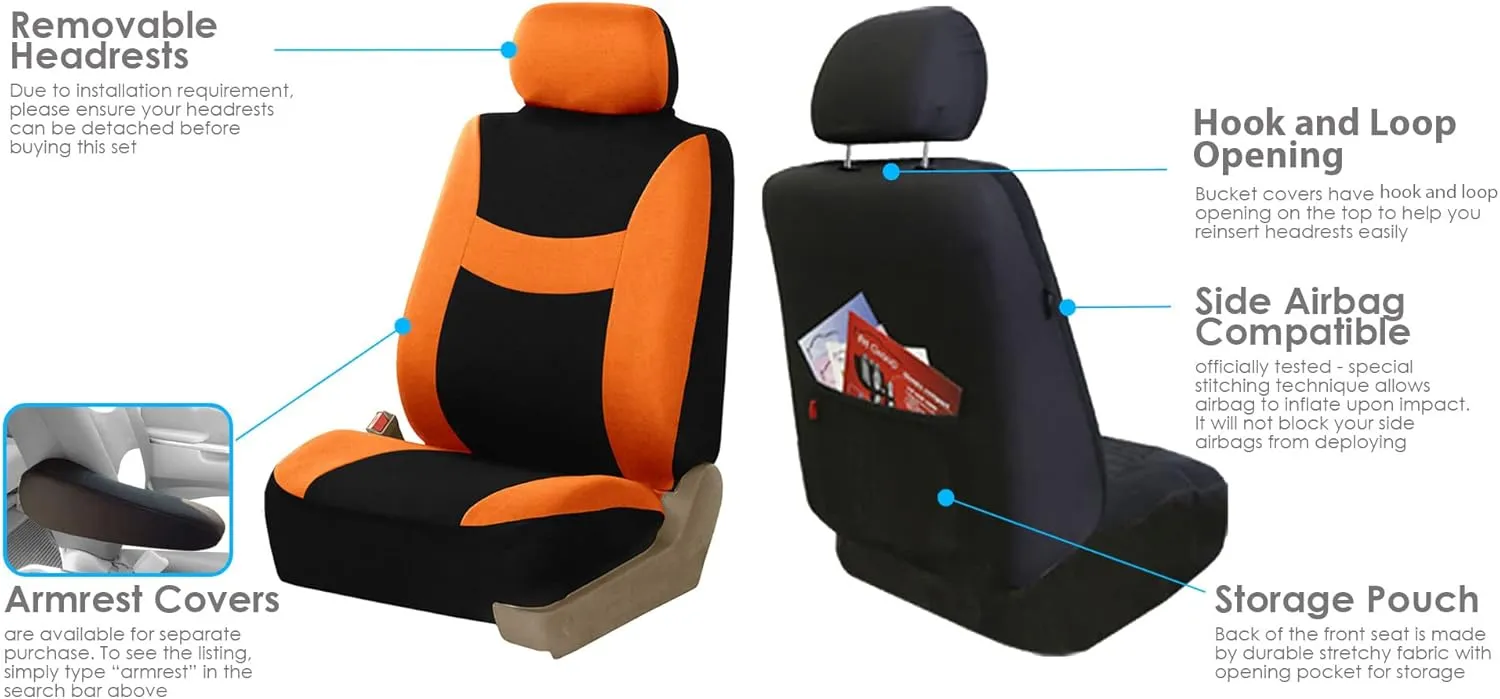FH Group Car Seat Cover Light Breezy Automotive Seat Covers Flat Foam Padding Cloth Full Set Orange Seat Covers, Airbag and Split Rear Universal Fit Interior Accessories for Cars Trucks and SUV