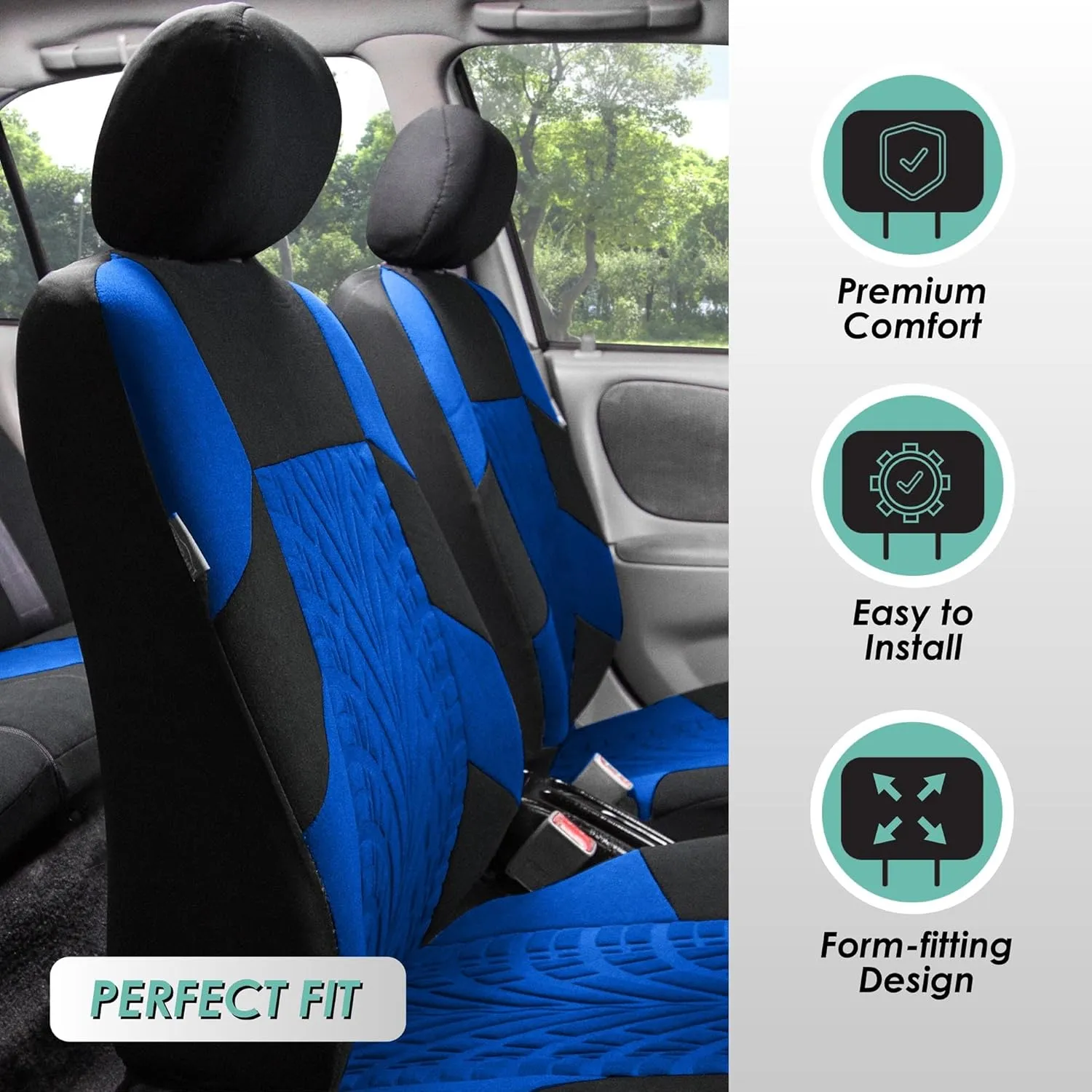 FH Group Car Seat Covers Travel Master Full Set Blue Automotive Seat Covers, Combo Travel Car Tissue Dispenser Airbag and Split Rear Universal Fit Interior Accessories Cars Trucks SUV Car Accessories