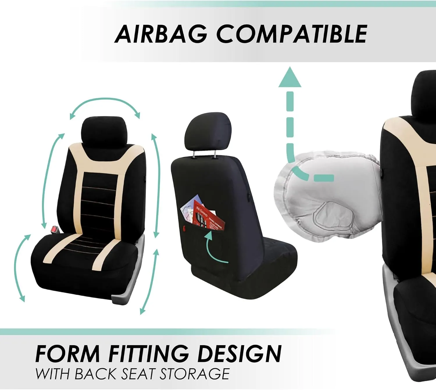 FH Group Car Seat Covers Universal Fit Full Set Interior Accessories, Sports Beige Seat Covers with Airbag and Split Rear Automotive Combo Vinyl Floor Mats Seat Covers for Cars Vans Trucks and SUV
