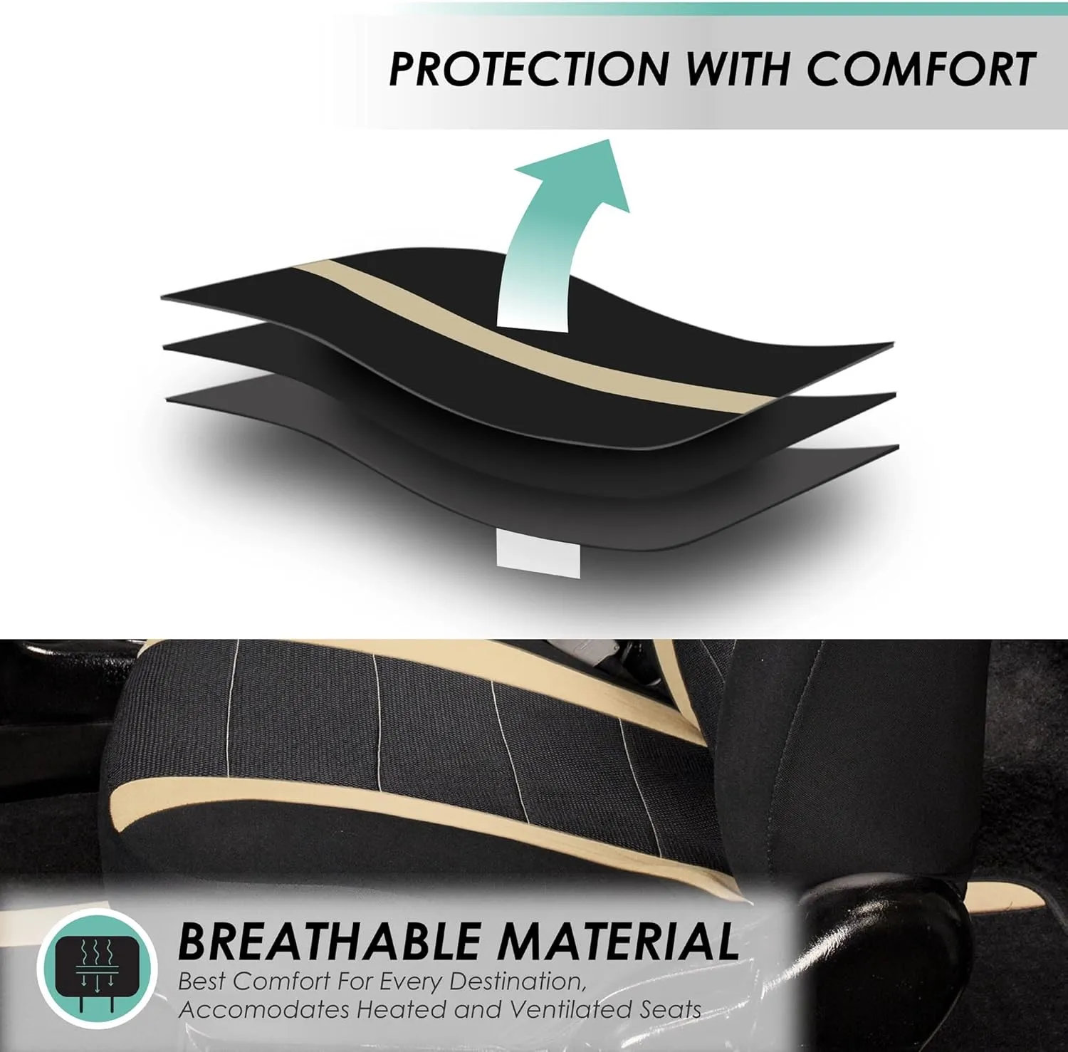 FH Group Car Seat Covers Universal Fit Full Set Interior Accessories, Sports Beige Seat Covers with Airbag and Split Rear Automotive Combo Vinyl Floor Mats Seat Covers for Cars Vans Trucks and SUV