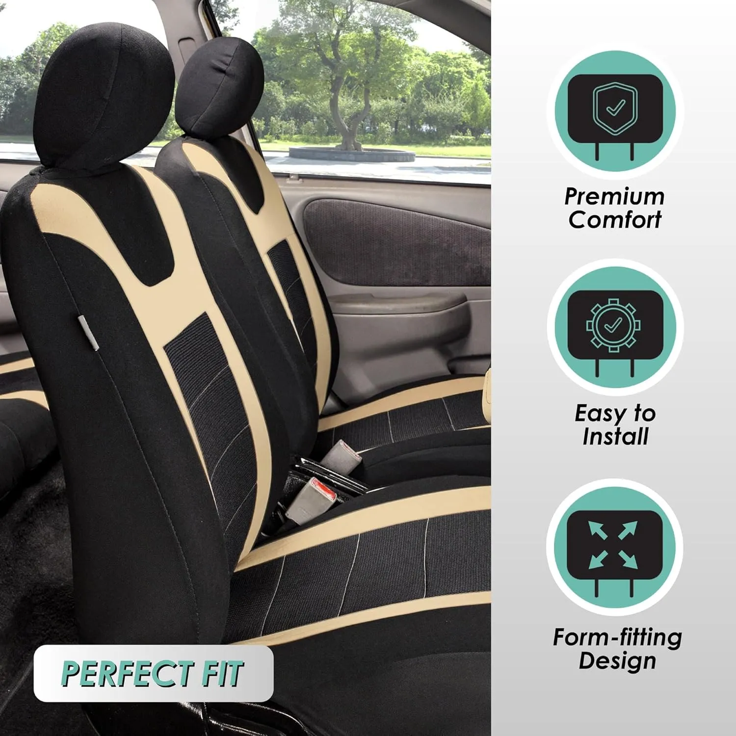 FH Group Car Seat Covers Universal Fit Full Set Interior Accessories, Sports Beige Seat Covers with Airbag and Split Rear Automotive Combo Vinyl Floor Mats Seat Covers for Cars Vans Trucks and SUV