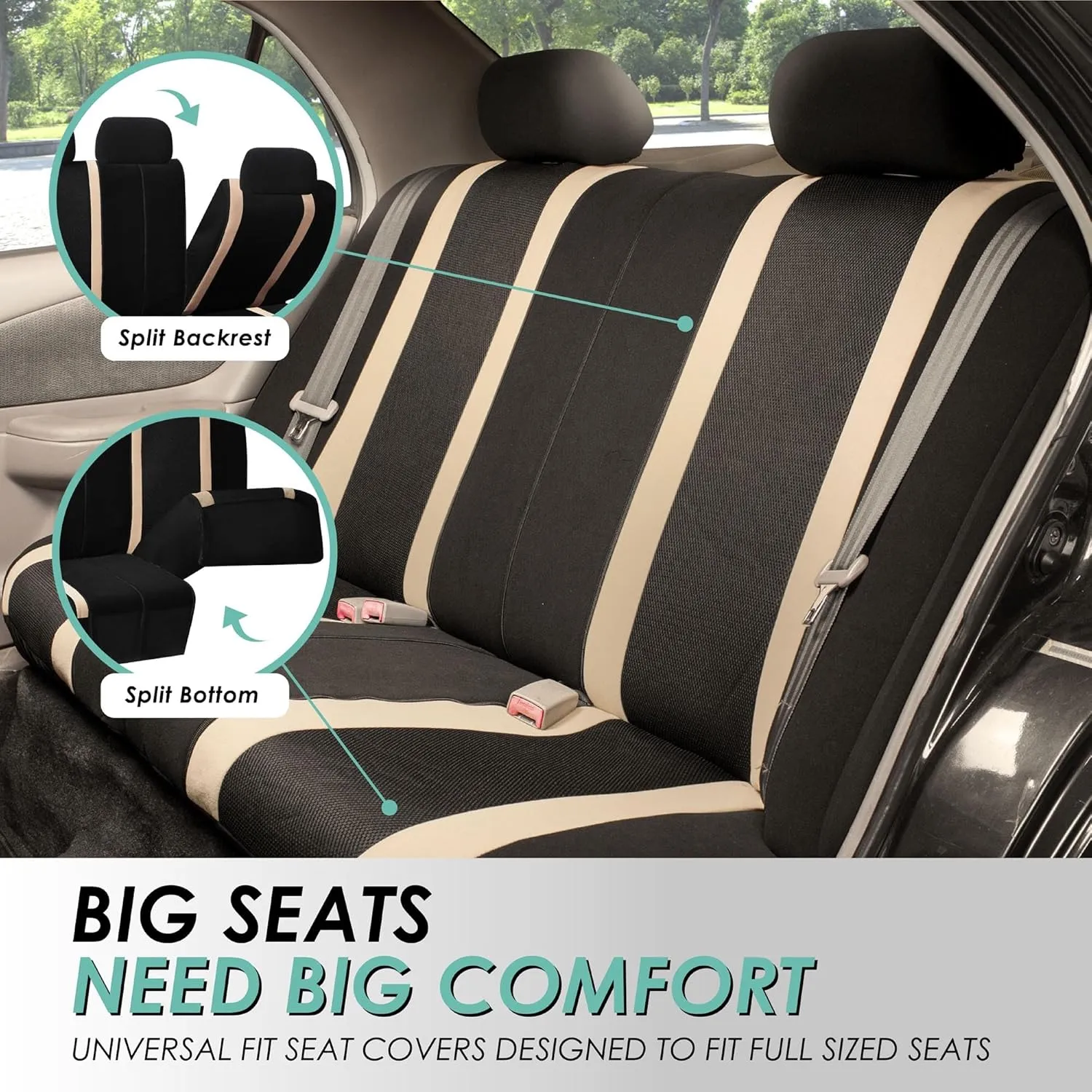 FH Group Car Seat Covers Universal Fit Full Set Interior Accessories, Sports Beige Seat Covers with Airbag and Split Rear Automotive Combo Vinyl Floor Mats Seat Covers for Cars Vans Trucks and SUV