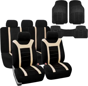 FH Group Car Seat Covers Universal Fit Full Set Interior Accessories, Sports Beige Seat Covers with Airbag and Split Rear Automotive Combo Vinyl Floor Mats Seat Covers for Cars Vans Trucks and SUV