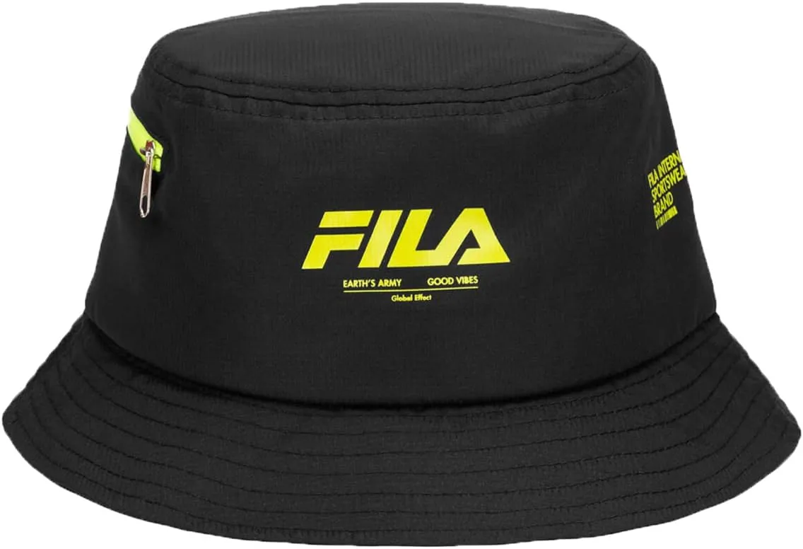 Fila Unisex Nylon Ripstop Side Zipper Pocket Bucket Hat (Black)