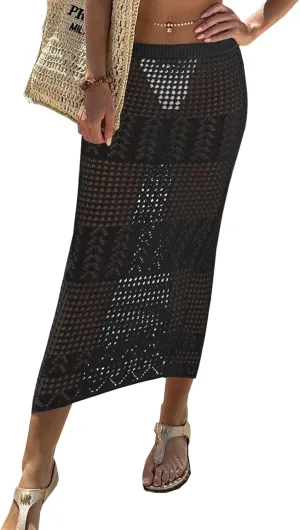 Fisoew Womens Crochet Skirt Cover Up High Waist Sheer Mesh Beach Maxi Skirts Hollow Out Knit Swimsuit Coverups