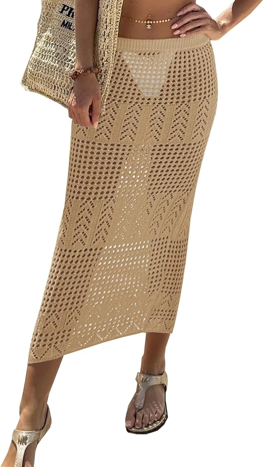 Fisoew Womens Crochet Skirt Cover Up High Waist Sheer Mesh Beach Maxi Skirts Hollow Out Knit Swimsuit Coverups