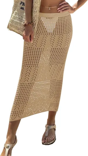 Fisoew Womens Crochet Skirt Cover Up High Waist Sheer Mesh Beach Maxi Skirts Hollow Out Knit Swimsuit Coverups