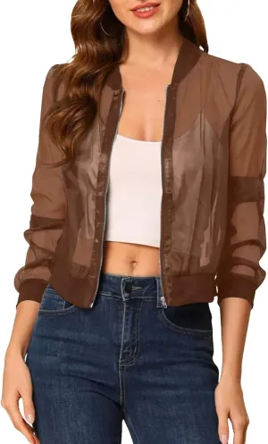 Fisoew Women's Crop Mesh Sheer Bomber Jackets Lightweight Long Sleeve Zip Up Jacket Outwear