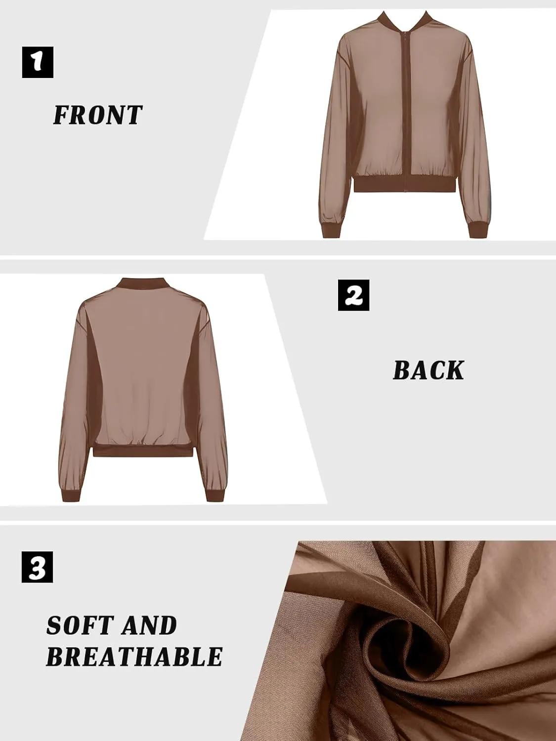Fisoew Women's Crop Mesh Sheer Bomber Jackets Lightweight Long Sleeve Zip Up Jacket Outwear