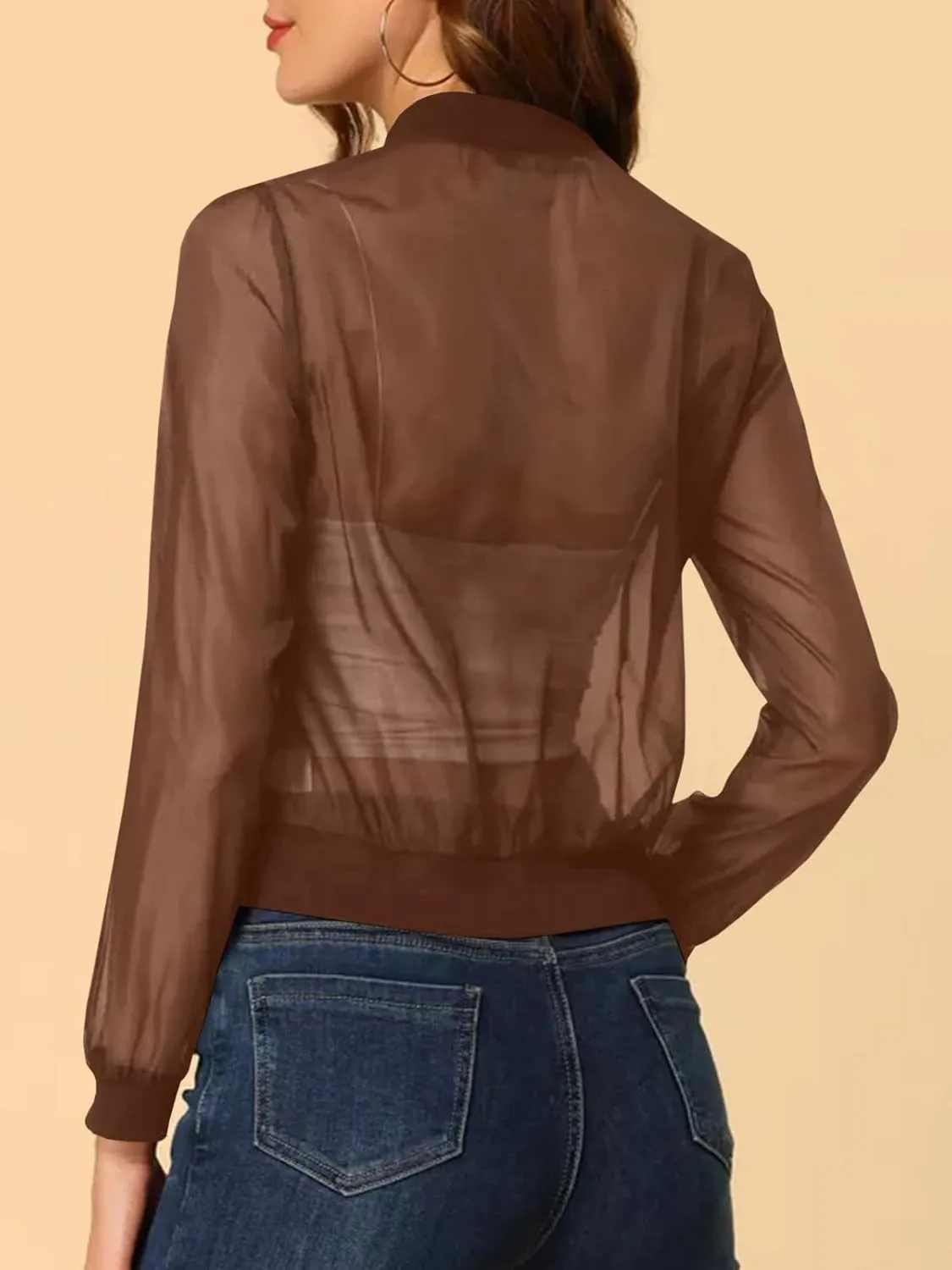 Fisoew Women's Crop Mesh Sheer Bomber Jackets Lightweight Long Sleeve Zip Up Jacket Outwear