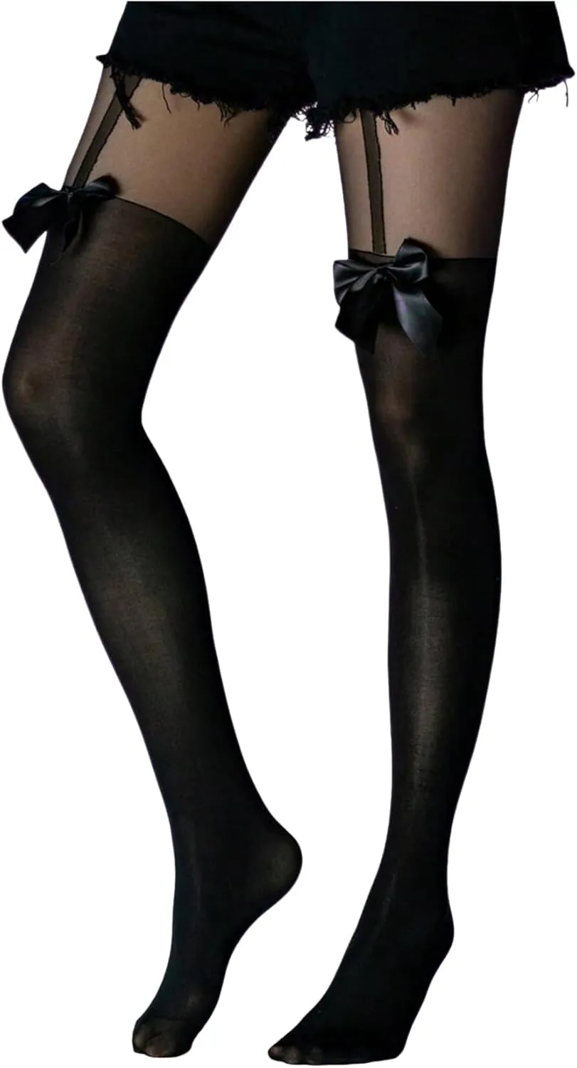 Floerns Women's Bow Mesh Sheer Tights Cute Suspender High Stockings