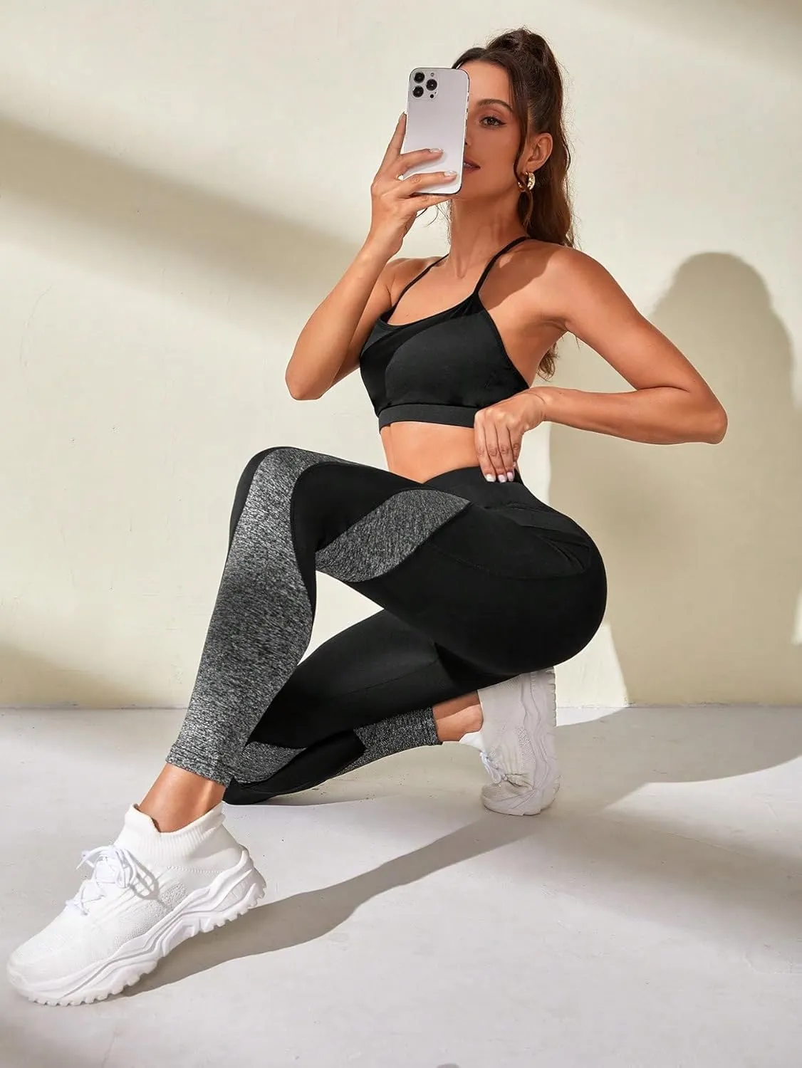 Floerns Women's Leopard Mesh High Waisted Tummy Control Squat Leggings with Pocket