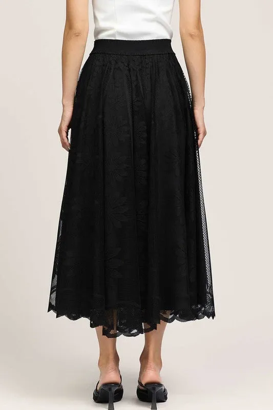 Floral Embroidered Mesh Midi Skirt