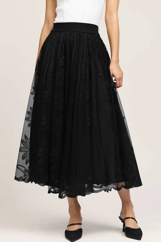 Floral Embroidered Mesh Midi Skirt