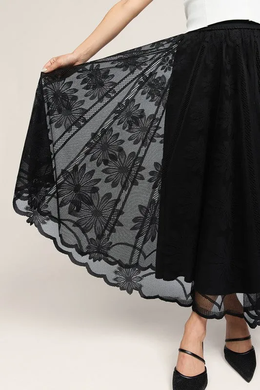 Floral Embroidered Mesh Midi Skirt