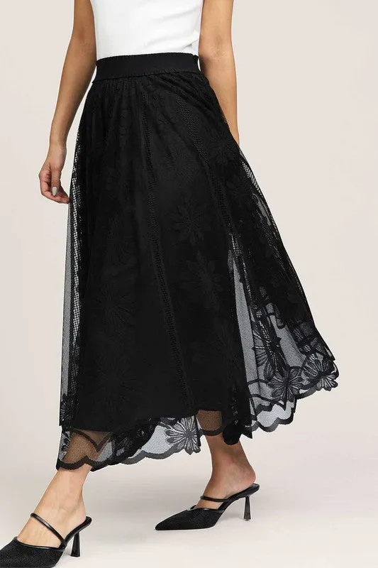 Floral Embroidered Mesh Midi Skirt