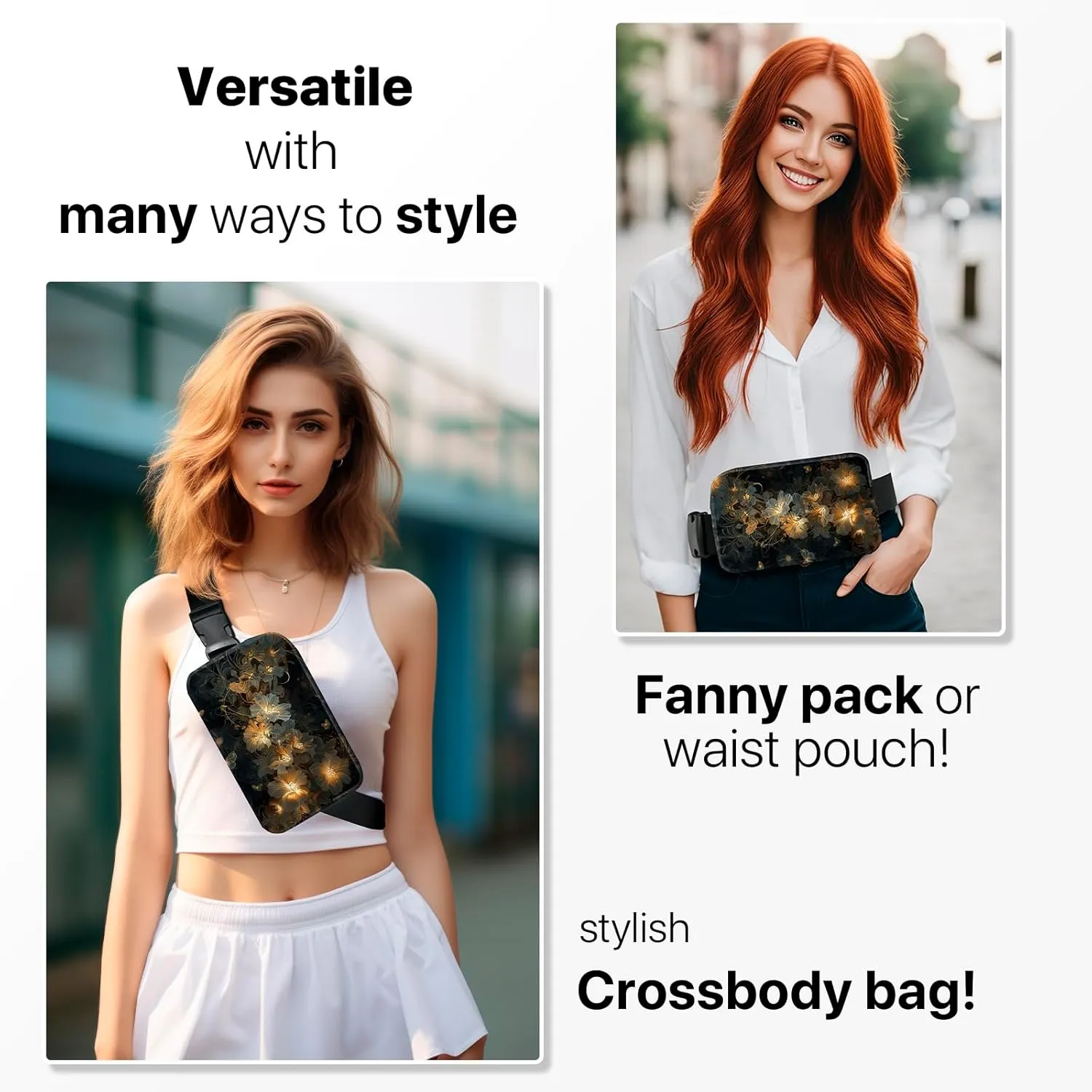 Floral Fanny Pack Travel Belt Bag Fashion Crossbody Bags for Women Waist Pack Lightweight with Adjustable Strap