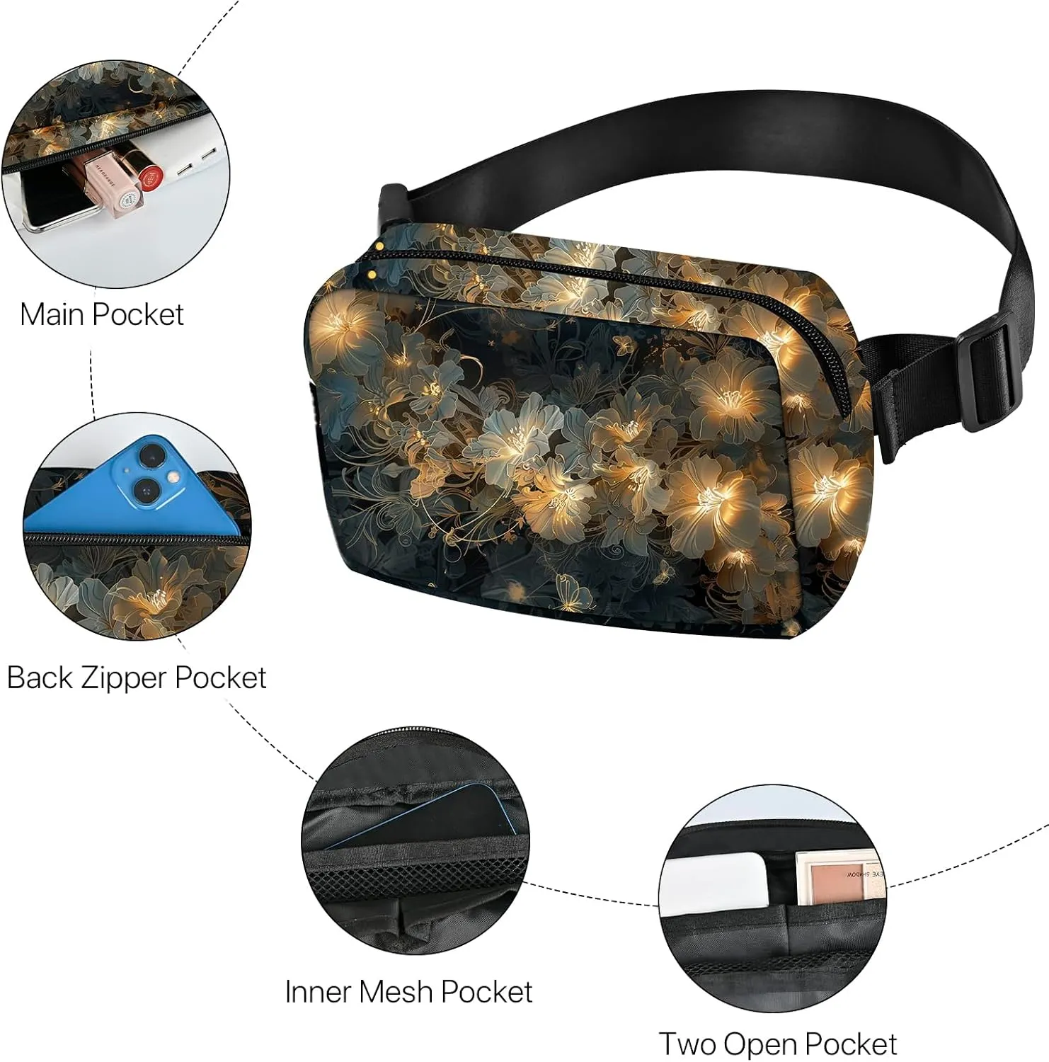 Floral Fanny Pack Travel Belt Bag Fashion Crossbody Bags for Women Waist Pack Lightweight with Adjustable Strap